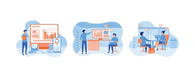 Analista finanziario assistente consulente finanziario Due riunioni di team aziendali per l'analisi del marketing Uomo d'affari che parla con una consulente finanziaria Fissa l'illustrazione moderna a vettore piatto