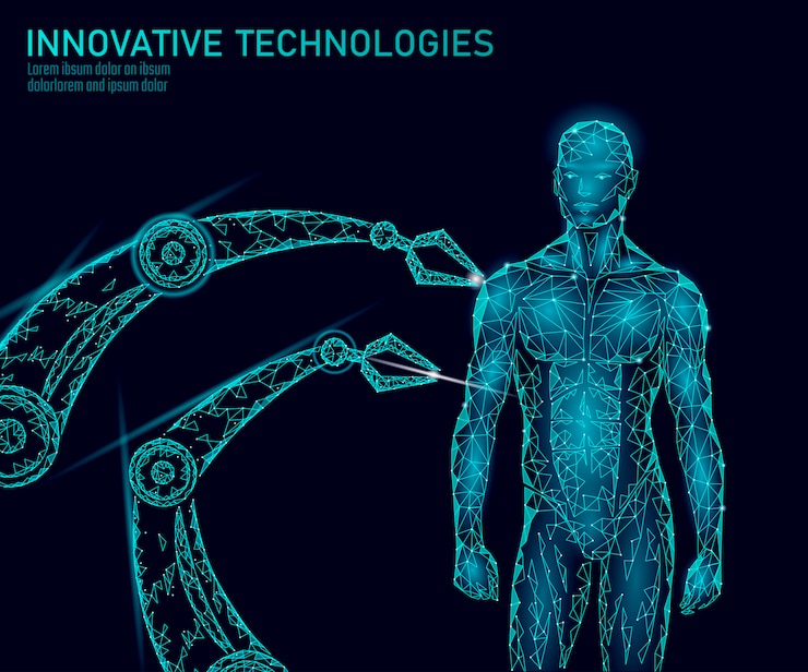 Vettore anatomia astratta del corpo umano. tecnologia di innovazione scientifica di ingegneria del dna. la medicina bassa 3d della terapia genica di ricerca di salute del genoma poli rende l'illustrazione geometrica poligonale di vettore di realtà virtuale