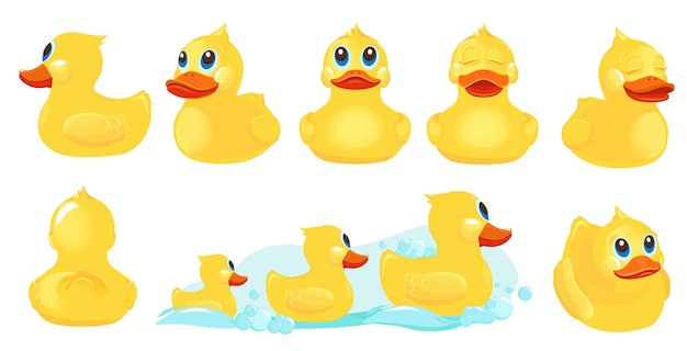 Anatra da bagno gialla. Giochi d'acqua in gomma per bambini giochi con doccia con simpatici personaggi di anatra. Anatra gialla del bagno, illustrazione animale del giocattolo dell'acqua