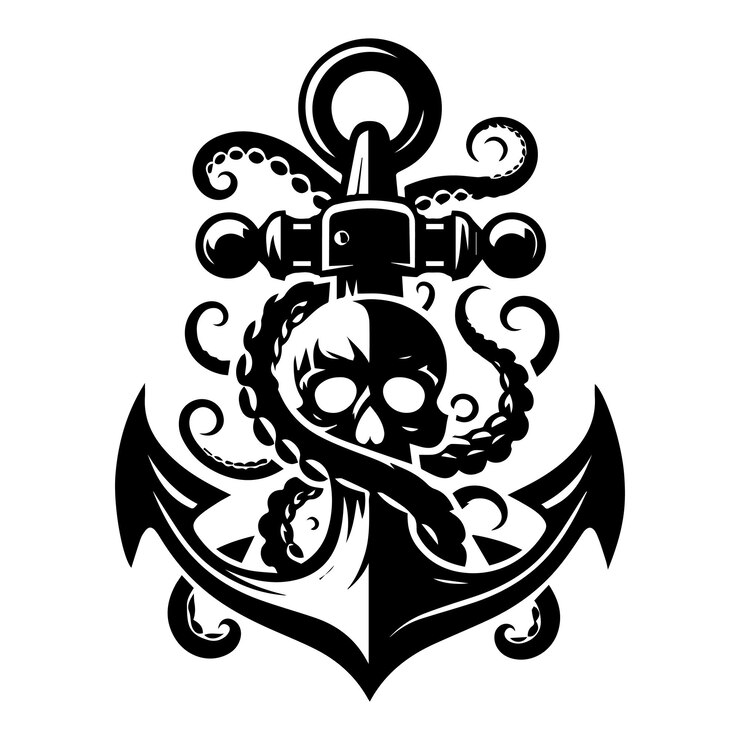 Ancora gotica scura con elementi di teschio e tentacolo per il design della maglietta
