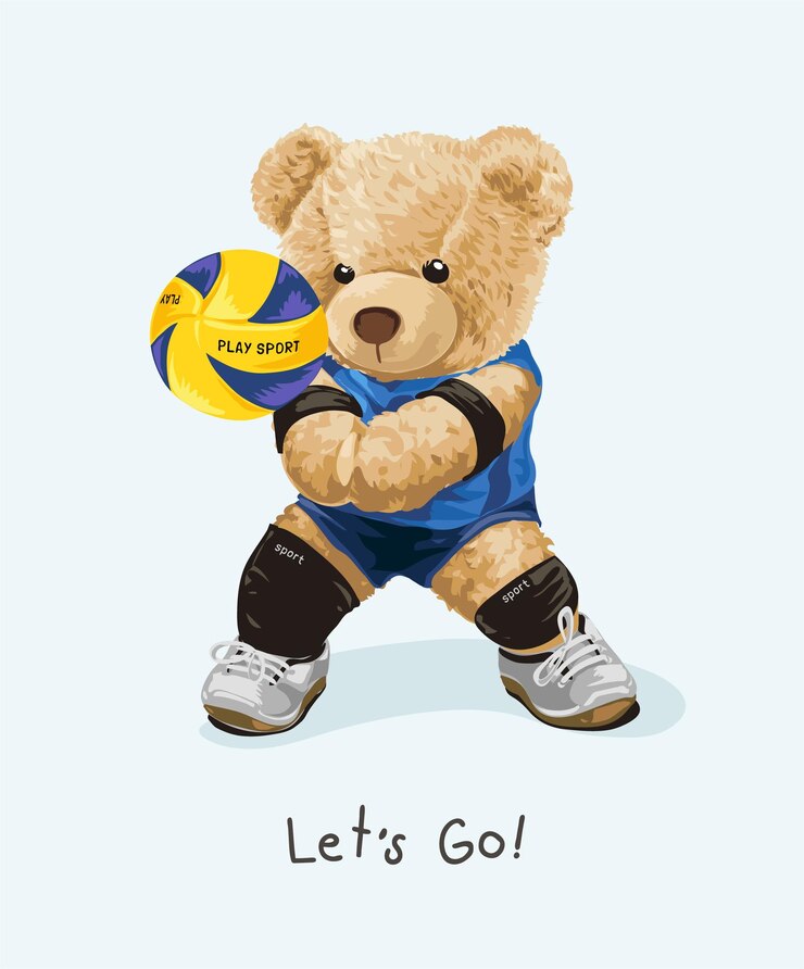 andiamo slogan con l'illustrazione di vettore dell'atleta di pallavolo della bambola dell'orso