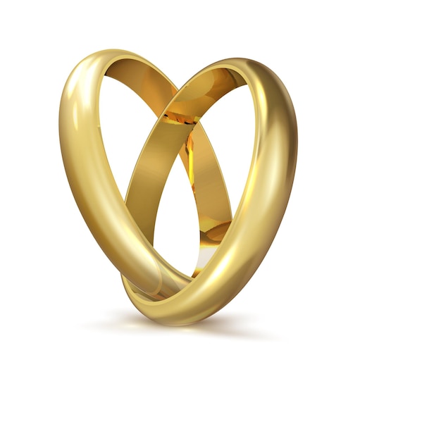 Anelli di nozze d'oro realistici isolati su sfondo bianco simbolo di amore e matrimonio. Design realistico del matrimonio. Illustrazione vettoriale isolato su sfondo bianco