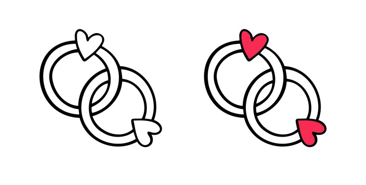 Anelli nuziali legati icona disegnata a mano icona proposta di matrimonio anello di diamante a forma di cuore concetto di matrimonio amore di San Valentino