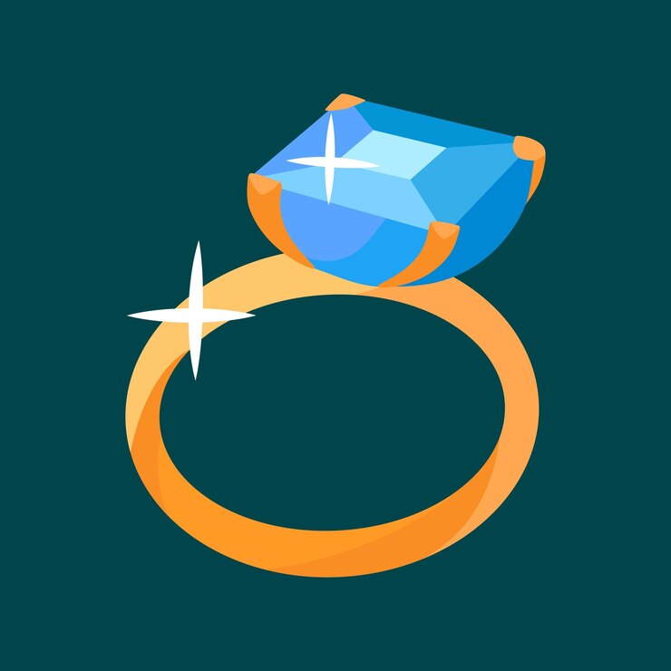 Vettore anello di matrimonio con grande icona di diamante blu elemento di design del matrimonio con anello d'oro cartone animato