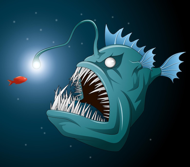 Vettore anglerfish mouth on dark background luminous bait and anglerfish teeth vector illustration