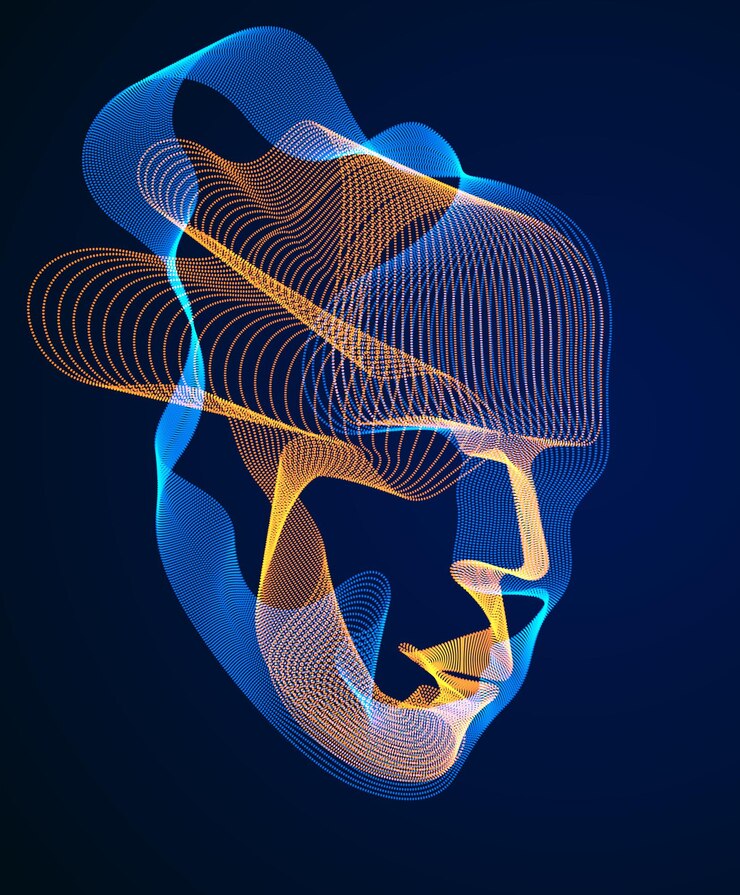 Vettore anima digitale della macchina, visualizzazione software di intelligenza artificiale della testa umana fatta di particelle punteggiate che scorrono linee d'onda. periodo di evoluzione dell'era tecnica.