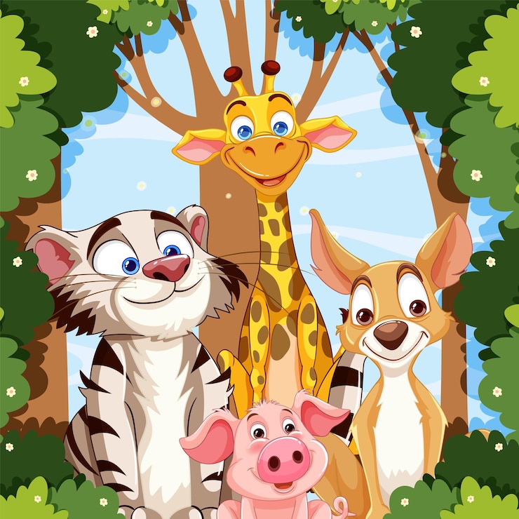 Vettore animali amichevoli in una radura forestale