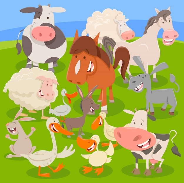 Animali da fattoria sull'illustrazione del fumetto del prato