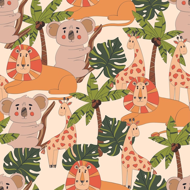 Animali da safari, modelli estivi per bambini, stampe, vettori carini, animali africani, giraffe, leoni, koala.