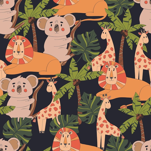 Animali da safari, modelli estivi per bambini, stampe, vettori carini, animali africani, giraffe, leoni, koala.