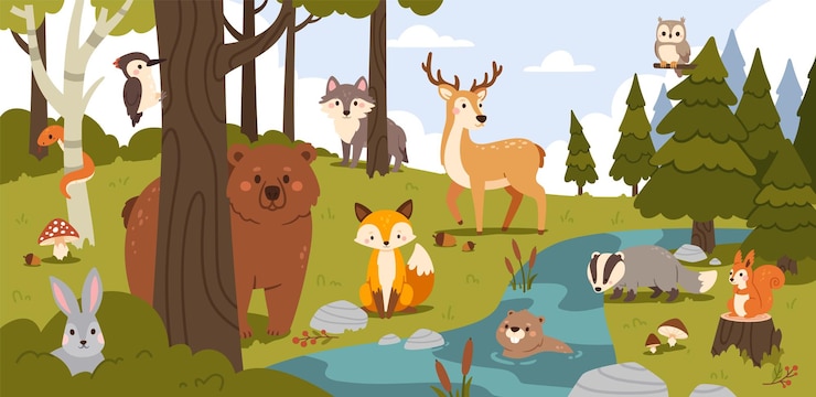 Vettore animali della foresta dei cartoni animati bosco estivo con volpe orsa e lepre lupo e castoro in ruscello
