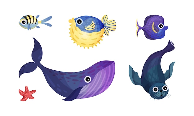 Animali marini con set di vettori di pesce soffiante e balena