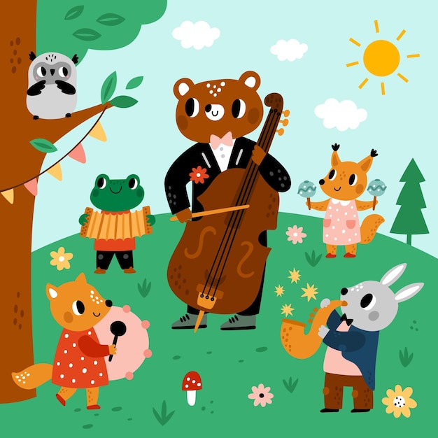 Animali musicisti nella foresta Orchestra carina nella radura estiva Concerto per bambini Personaggi divertenti dei cartoni animati suonano musica Quintetto con strumenti nel prato Jazz band Performance musicale Concetto vettoriale