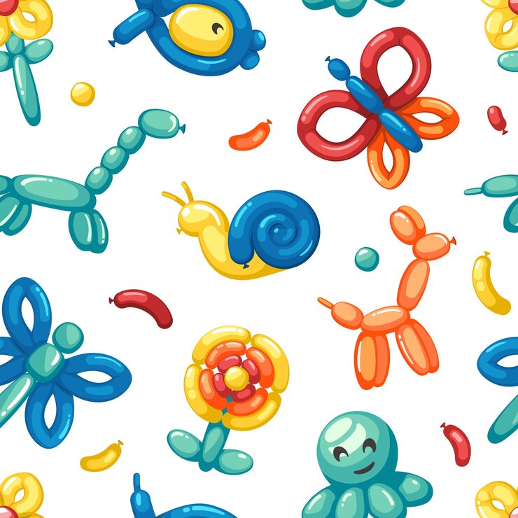 Animali palloncini modello attrazioni divertenti per bambini palloncini colorati in gomma per bambini festa celebrazione Sfondo vettoriale senza giunture