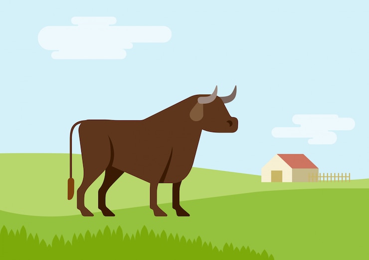 Vettore animali piani del fumetto di progettazione del fondo dell'habitat del campo di erba dell'allevamento di tori.