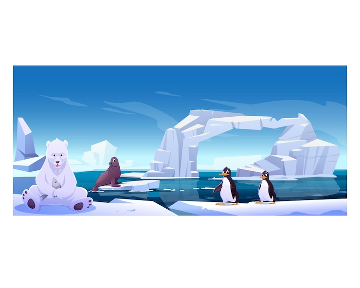 Vettore animali selvatici seduti su galleggianti di ghiaccio in illustrazione vettoriale dell'oceano marino