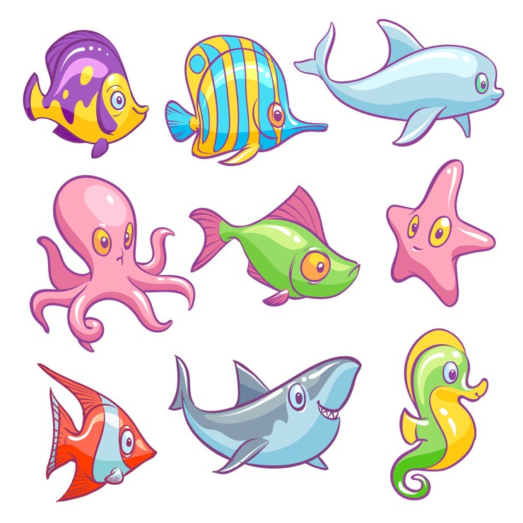 Vettore animali subacquei. insieme isolato bambini animali subacquei dell'oceano divertente divertente dei pesci tropicali del mare