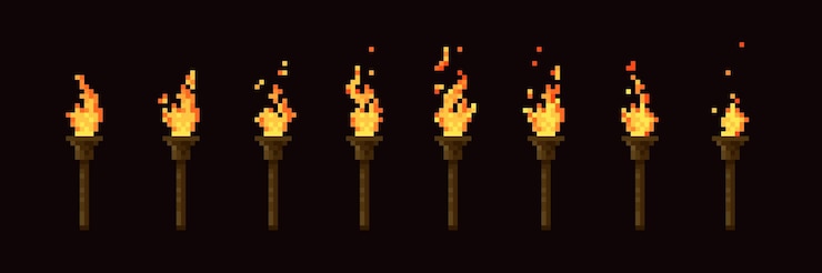 Vettore animazione della fiamma del fuoco della torcia pixelata del fumetto