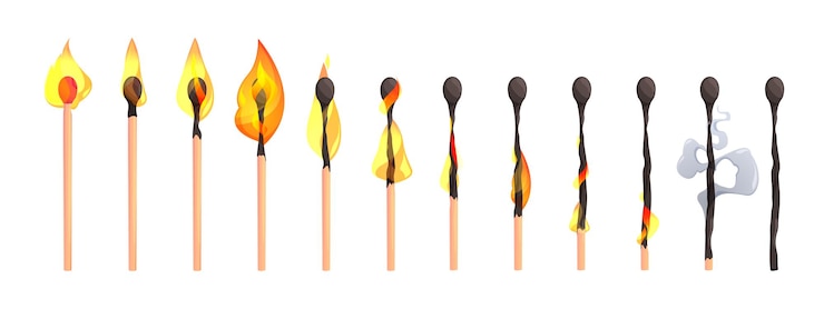Vettore animazione della partita in fiamme il burnout del fiammifero mette in scena i passaggi della sequenza del bastone con il kit animato del fumetto di combustione dello zolfo insieme isolato del vettore