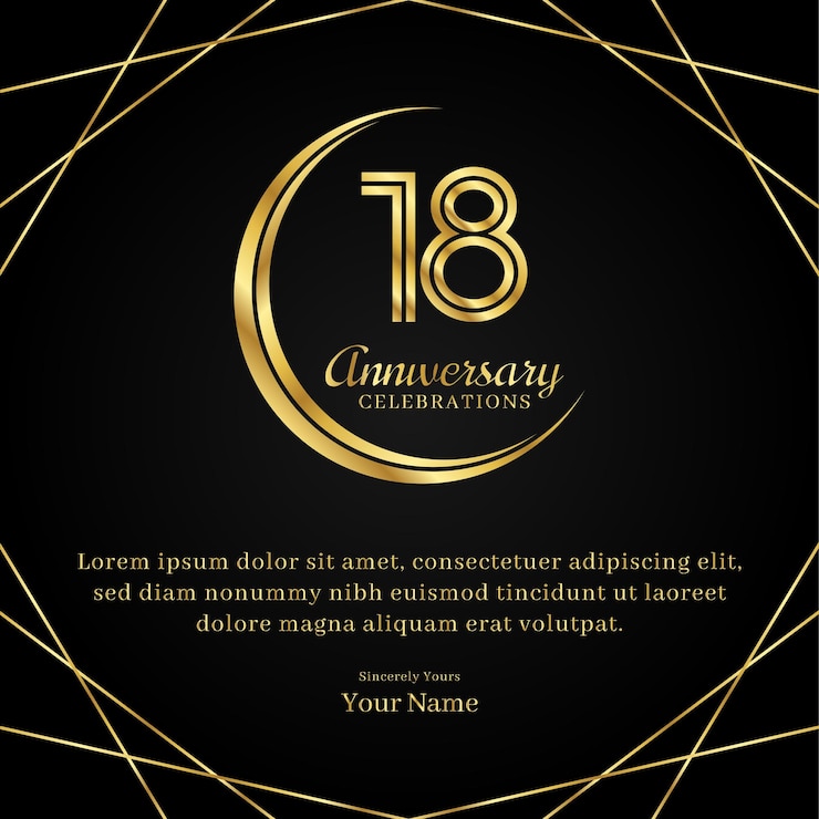 Vettore anniversario di 18 anni con design a mezzaluna doppie linee di numeri di colore oro e celebrazioni di anniversario di testo su un lussuoso sfondo nero e oro