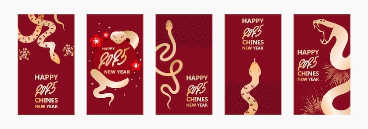 Vettore anno nuovo cinese 2025 anno del serpente set di modelli cartoline postali rosse illustrazione vettoriale