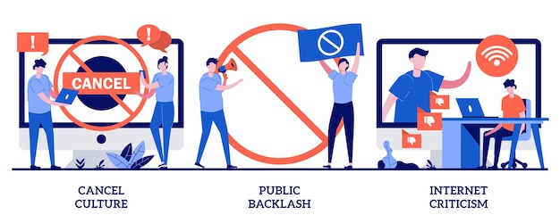 Annulla la cultura, il contraccolpo dell'opinione pubblica, l'illustrazione di critiche su Internet con persone minuscole