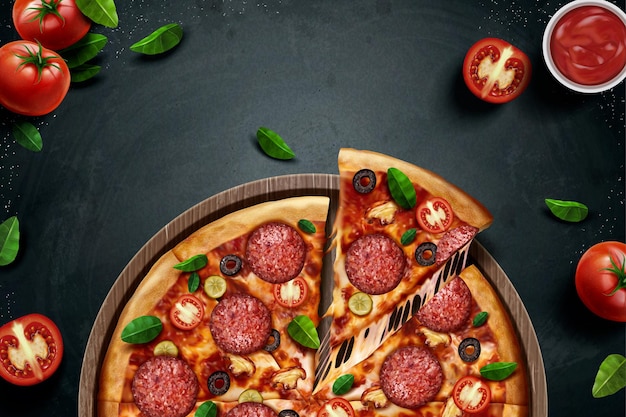 Annunci di pizza peperoni con deliziosi ingredienti sulla lavagna nell'illustrazione 3d