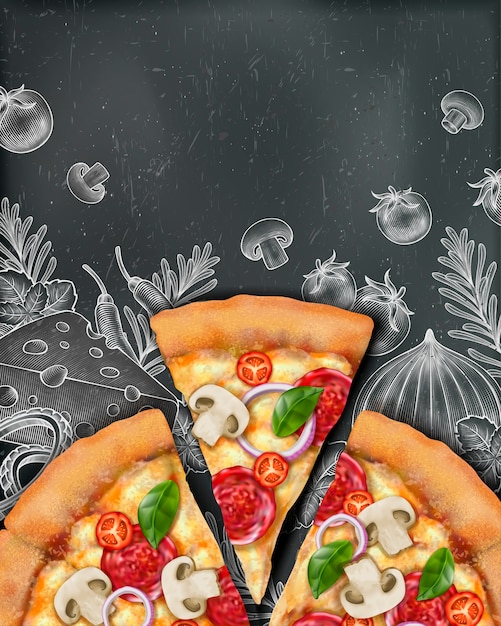 Annunci di poster di pizza con illustrazione cibo e illustrazione stile xilografia su sfondo lavagna, vista dall'alto