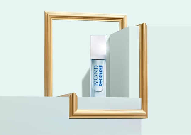 Annunci di prodotti di bellezza su cornice dorata sfondo astratto carta da parati blu annuncio di prodotti cosmetici