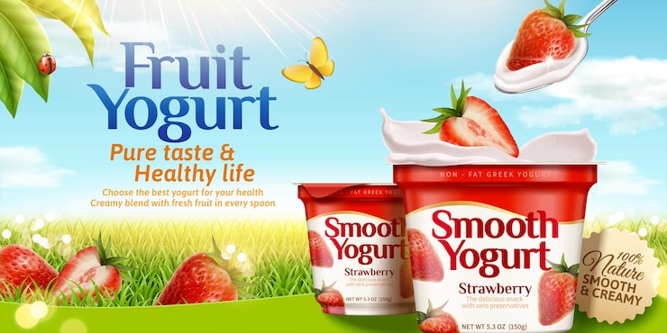 Vettore annunci di yogurt alla fragola con frutta fresca su sfondo di erba scintillante in illustrazione 3d