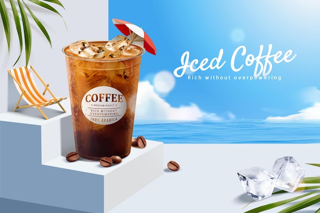 Annuncio di caffè ghiacciato 3d con scena di spiaggia