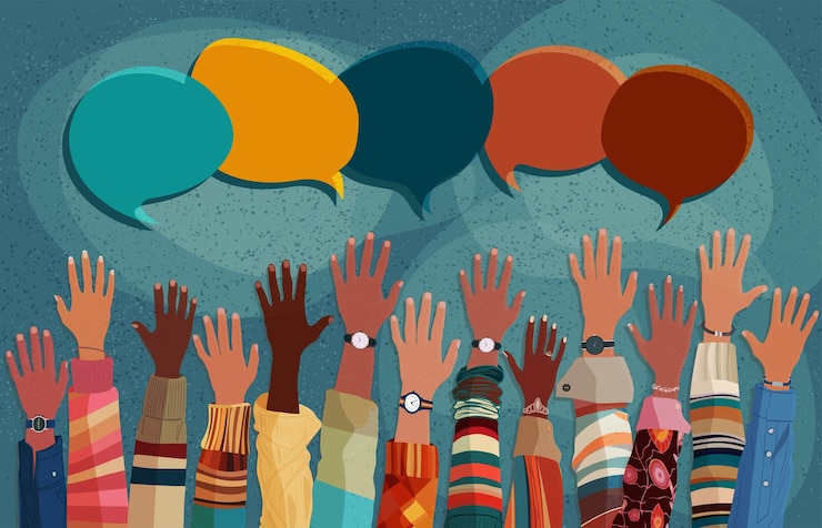 Vettore anonimo sollevato di gruppi multiculturali persone uguaglianza razziale bolla del linguaggio inclusione della diversità