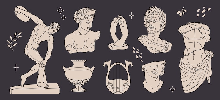 Vettore antica mitologia greca sculture grecia arte statua divertimento elementi culturali moderni dei e dee arpa e vaso oggetti storici decorativi collezione set piatto cartone animato vettoriale
