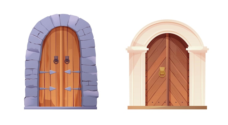 Vettore antica porta medievale in legno con maniglia tonda in metallo e rivestita di pietre