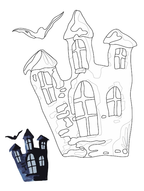 Antico castello mistico in stile doodle libro da colorare pagina da colorare per bambini e adulti