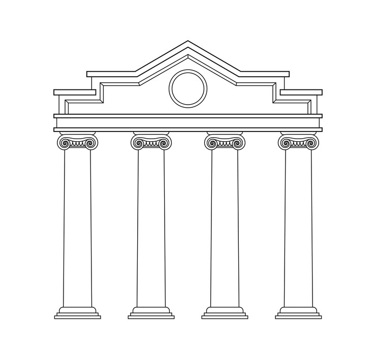 Vettore antico concetto di linea del frontone architettura greca e antica roma e adesivo con colonne di marmo per i social