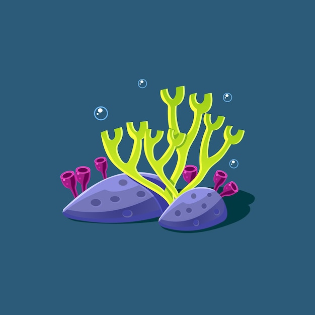 Antler corallo e polipo carino stile cartone animato illustrazione vettoriale su sfondo blu scuro
