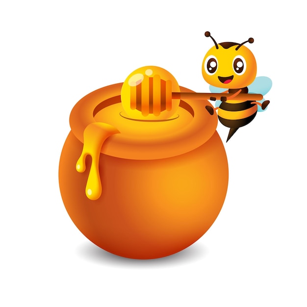 Ape sveglia del fumetto che trasporta il mestolo del miele per prendere il miele dall'illustrazione 3D del vaso del miele