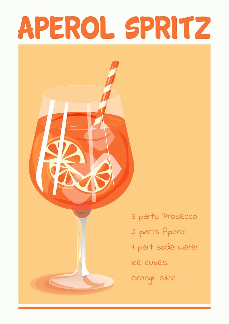 Vettore aperol spritz cocktail illustrazione vettoriale con ingredienti bevanda rinfrescante estiva