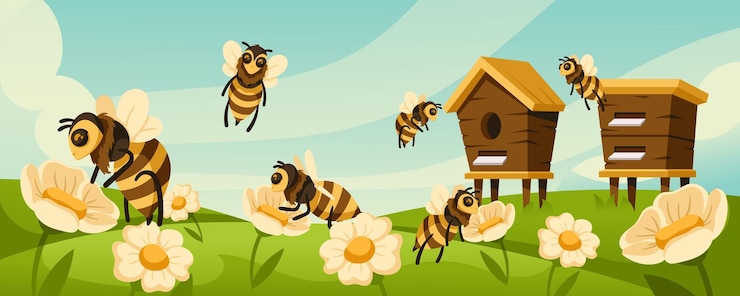 Vettore apiario dei cartoni animati le api mellifere volano intorno agli alveari e fiori che sbocciano nell'illustrazione vettoriale del prato fiorito giardino con piante in fiore insetti sopra campo natura paesaggio selvaggio paesaggio