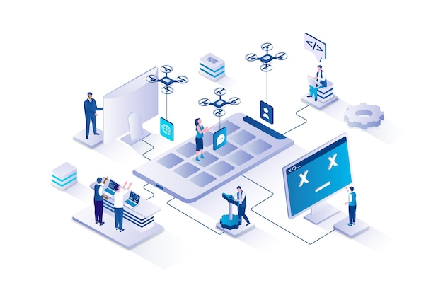 App development 3d isometric concept with isometry people design for web Developers team creating mobile application at screen and building interface with programs buttons Vector illustration