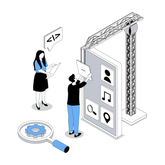 App development 3d isometric concept with isometry people design for web Team creating mobile interface placing applications buttons on screen working with digital content Vector illustration