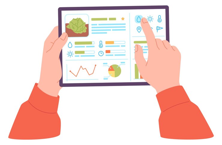 Vettore app di giardino sullo schermo del tablet automatizzazione dell'agricoltura agricola