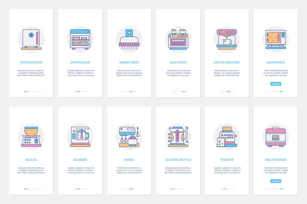 Apparecchi per la cucina domestica per la cottura di alimenti UX UI onboarding mobile app page screen set