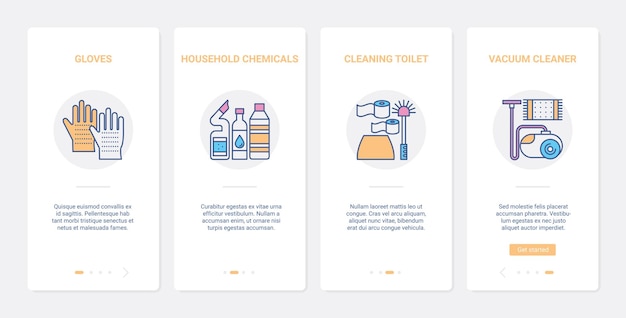 Apparecchiature domestiche per la pulizia della schermata della pagina dell'app mobile dell'interfaccia utente ux del bagno di casa.