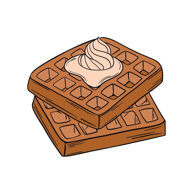 Appetitosi e deliziosi waffle al forno dolci con burro e panna montata in cima al dessert colazione