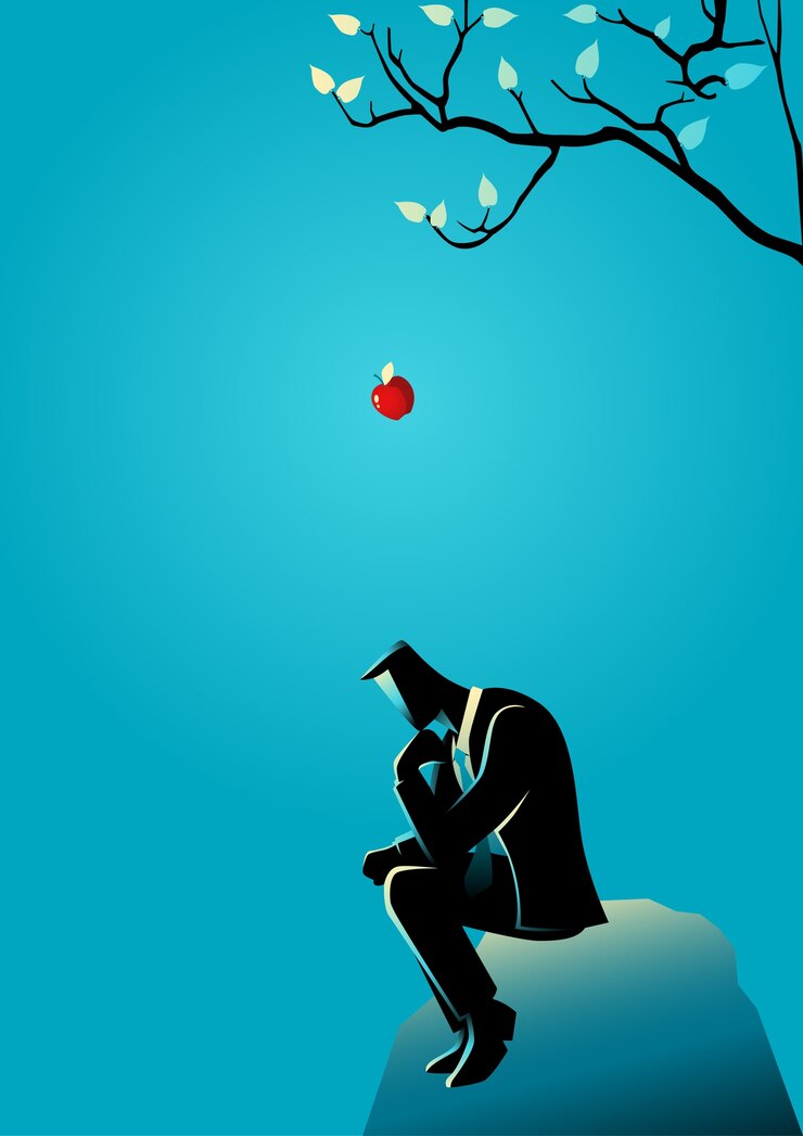 Vettore apple che cade all'alba alla testa di un uomo d'affari pensante