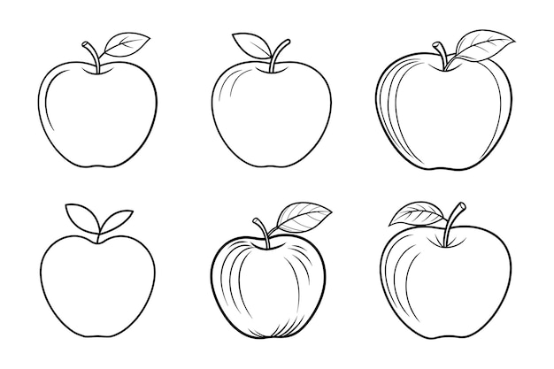 Apple Line Art Vector Set Collezione di illustrazioni di contorni di frutta disegnate a mano per il design e la colorazione