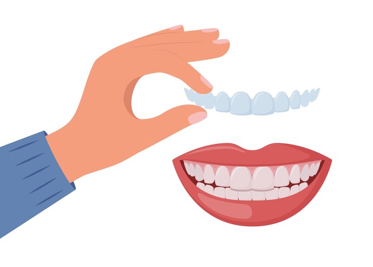 Vettore applicare a mano l'allineatore trasparente sui denti concetti di cura dentale e odontoiatria ortodontica