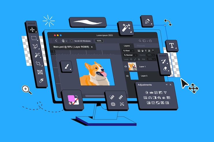 Vettore applicazione del programma photo editor per la modifica di immagini raster fotografia software di montaggio filmati